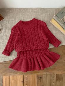 SHEIN LMoss Kids LMoss 女婴 Babygirl 两件套卡其色长袖毛衣和松紧腰荷叶边下摆短裙套装，秋冬 - 紅色 - 查看 3