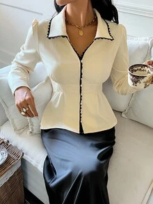 Serisse Elegant Black And White Contrast Trim Puff Sleeve Fitted Shirt For Women,Autumn Waist-Cinching Peplum Hem Blouse,Business Casual Tea Party Office Tops - Apricot - View 3