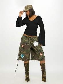 SUMWON WOMEN 紧身喇叭袖 V 领短款上衣秋冬假日休闲派对俱乐部装晚装超柔软弹力修身蝙蝠袖长袖衬衫 - 黑色 - 查看 3