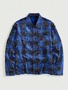 ROMWE MEN Prep 男士时尚格子长袖衬衫，秋季 - 藍色 - 查看 1