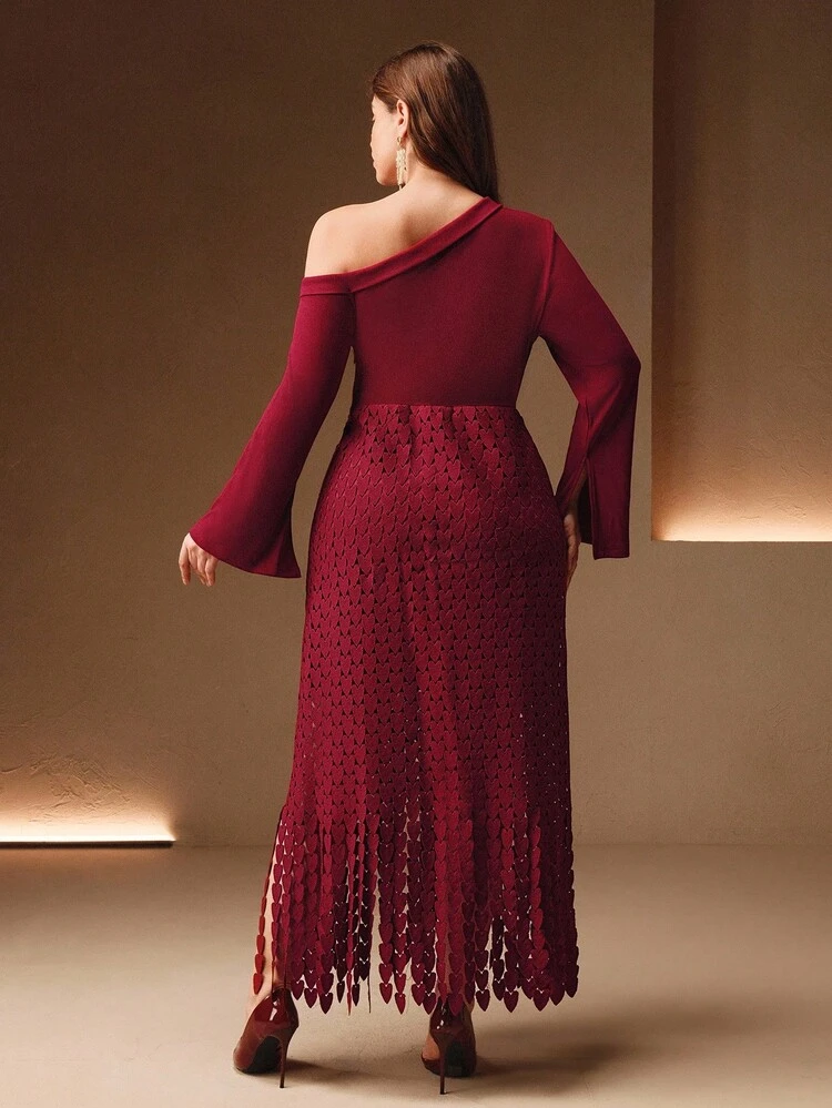 Valentine Plus Size Women's Burgundy Christmas Knitted Asymmetric Shoulder Design Patchwork Lace Fitted High Waist Dress, Autumn/Winter
