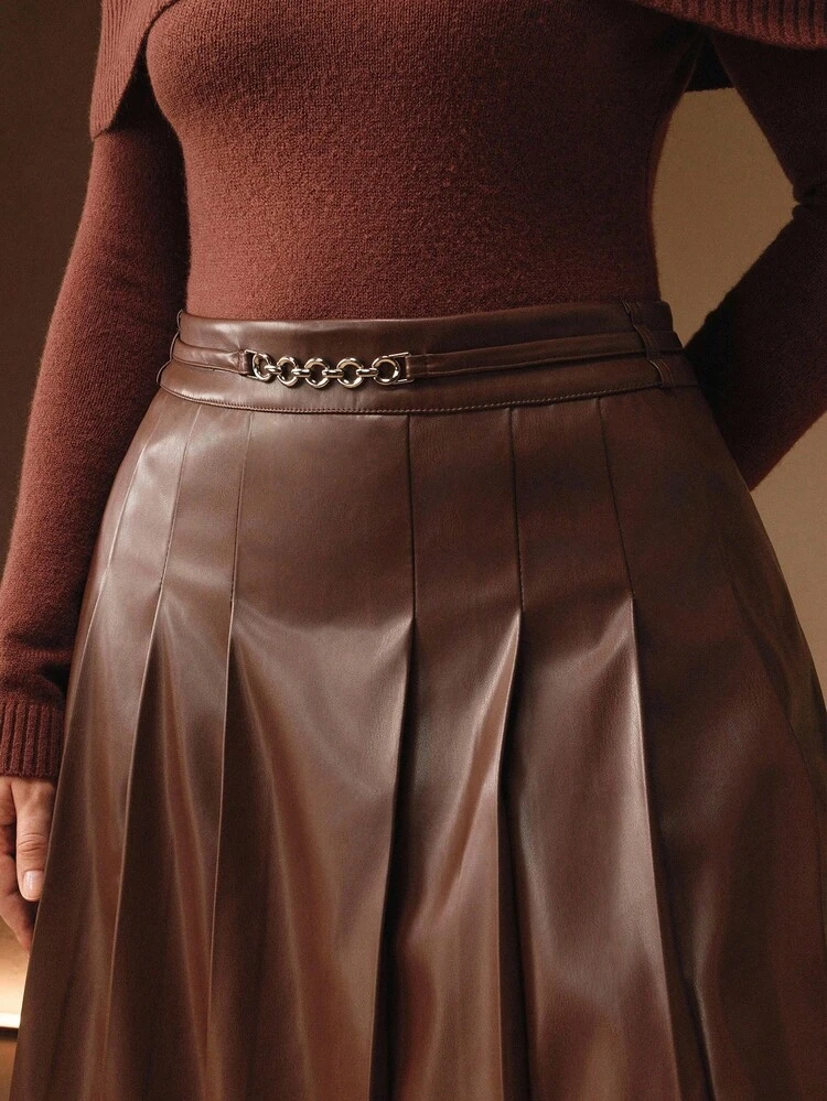 Saia Longa Plissada com Decoração de Corrente na Cintura Ajustada, Moda Plus Size, Marrom, Outono/Inverno