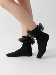 ROMWE Kawaii Women's Fashionable Mid-Calf Socks With Hollow Ruffled Design - Pure black - View 4
