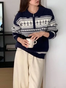 DAZY 女式休闲圣诞风格宽松长袖毛衣 - 淺藍色 - 查看 9