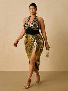 SHEIN VCAY 大码优雅派对褶皱不对称金色女式半身裙，节日金属色半身裙，适合圣诞节和新年穿着 - 金色 - 查看 7