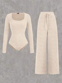 SHEIN Tall CURVE Bộ đồ liền thân và quần dài cỡ lớn 2 món, Bộ đồ tập mặc nhà thoải mái, Bộ đồ thể thao, Phong cách thường ngày, Bộ đồ liền thân dài tay và quần ống rộng, Đồ thiết yếu cơ bản mùa thu đông, Quần rộng thùng thình, Tay dài, Quần áo mùa đông - Màu be - Xem 9