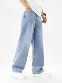 SHEIN Explorewe 青少年男童直筒牛仔裤，蓝色牛仔布，休闲宽松版型，松紧腰带，适合上学、日常穿着、聚会、旅行、通勤、居家等场合，秋冬新品 - 淺色水洗藍 - 查看 3