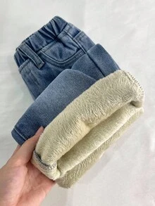 SHEIN Quần jean dài rộng rãi màu xanh dương kiểu Y2K cho bé gái, có lớp lót giữ nhiệt, thích hợp cho mùa thu, mùa đông, phong cách thường ngày và thời trang, đi nghỉ mát, dạo phố. Có thêm lớp lót lông cừu và chất liệu dày dặn giúp giữ ấm. - Rửa tối - Xem 3