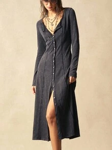 Bohemela Đầm dệt kim cổ vuông tay dài màu trơn đơn giản dành cho nữ - màu đen - Xem 2