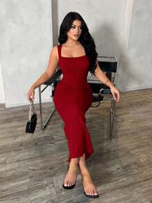 SHEIN SXY Women's Khaki Elegant Minimalist Square Neck Sleeveless Fitted Maxi Dress, Professional/Office/Commute/Formal Wear Bodycon Midi Dress Bandage Dress For Women Bodycon Summer Dress,Dresses For Women Party,Christmas