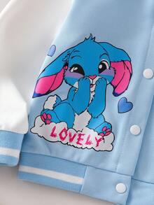 Genkimix Kids Young Girl Letter & Cartoon Print Long Sleeve Baseball Collar Jacket And Pleated Mini Skirt Set, Collegiate Style, Autumn Fall Winter - Blue - View 5