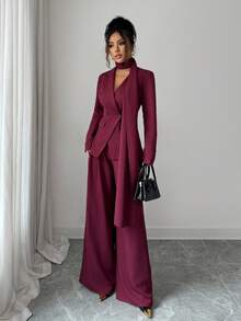 SHEIN Elenzya 女士勃艮第红厚面料不对称设计翻领长袖西装外套和阔腿裤两件套西装，优雅精致 - 酒紅色 - 查看 4