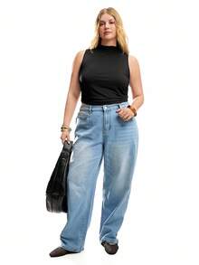 Solavibe 女性加大尺碼無袖上衣，小立領和褶皺裝飾，純色 - 黑色 - 查看 4