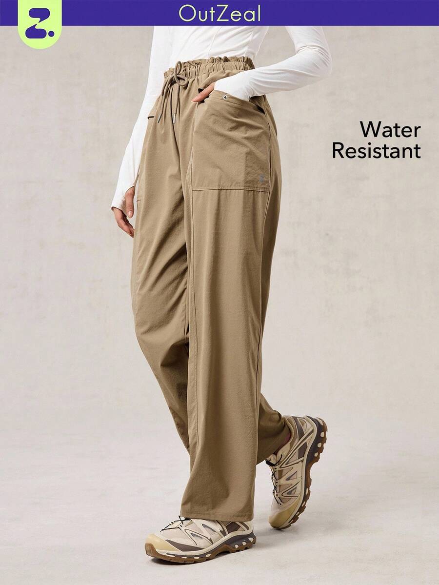 OutZeal 女士户外休闲裤，防水荷叶边抽绳腰带，带口袋 - 駝色 - 查看 1