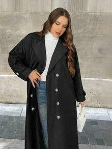 Firerie Plus Size Casual Solid Color Double-Breasted Windbreaker, Autumn Halloween Plus Size Fall Winter/Spring And Autumn Long-Sleeved Straight Double-Breasted Trench Coat With Pockets / Office Lady's Daily Wear Thin Coat / Suit Collar Contrast Button Coat