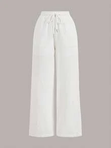 SHEIN Tall Celana Panjang Wanita Polos dengan Tali Serut, Kasual, Serbaguna, untuk Sehari-hari, Bepergian, Liburan, Musim Gugur, Hitam Putih - MultiWarna - View 8
