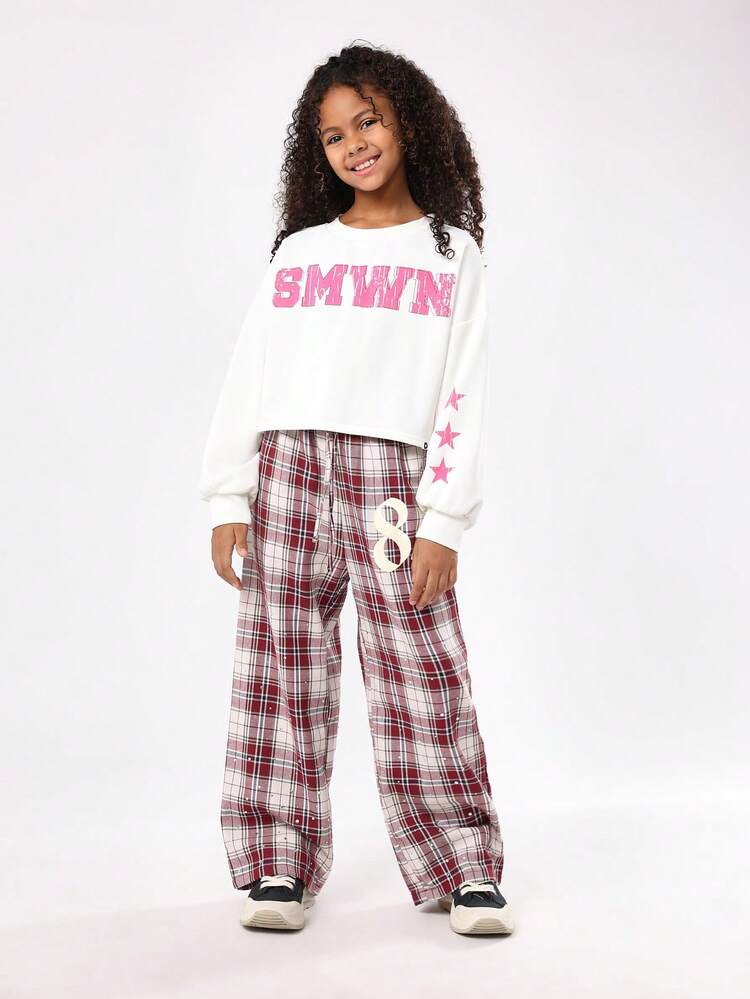 White Crop Sweatshirt With Plaid Check Pants Set
