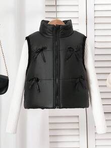 Jaqueta casual versátil sem mangas para meninas com decoração de laço, inverno - Preto - Ver 3