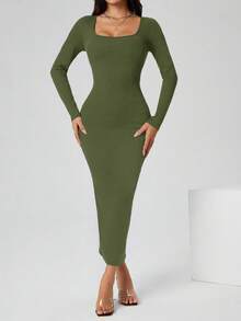 SHEIN PETITE 秋装纯色方领紧身黑色长袖连衣裙 - 軍綠色 - 查看 7