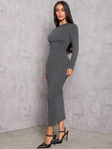SHEIN PETITE 纯色褶腰黑色长袖连衣裙 - 深灰色 - 查看 3