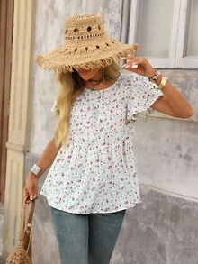 Brillora 休闲简约宽松短款女式衬衫适合夏季女式衬衫夏季女士外出上衣女式可爱衬衫飘逸上衣女式夏季可爱夏季衬衫可爱碎花衬衫 - 白色 - 查看 1