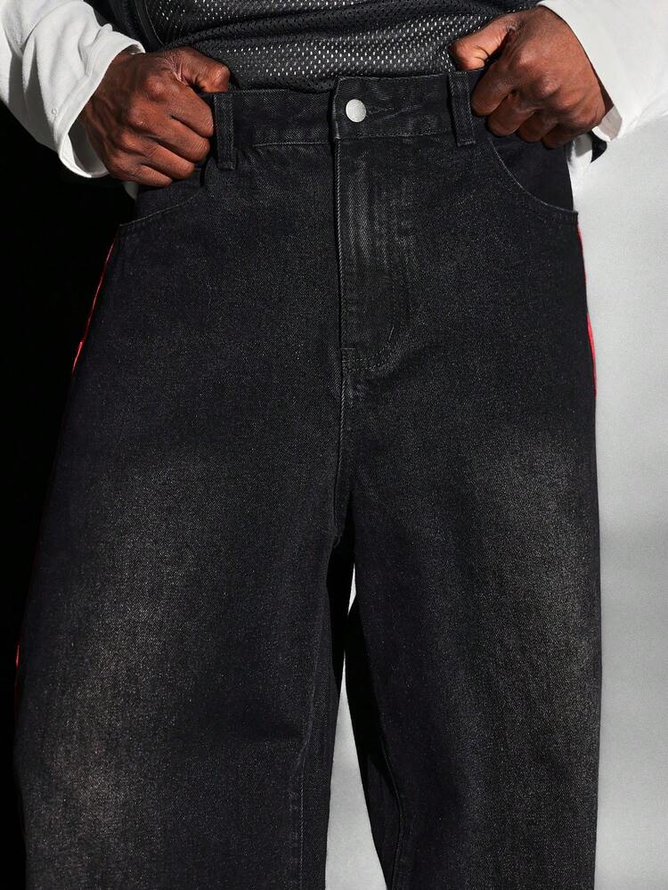 Wide Leg Baggy Denim Jeans With Red Side Stripes