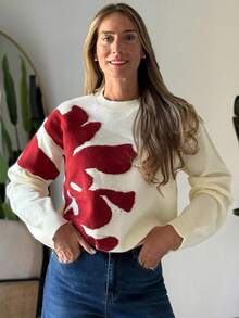 Vivie Lora Women's Floral Patchwork Colorblock Loose Knit Sweater Fall/Winter - Beige - View 3