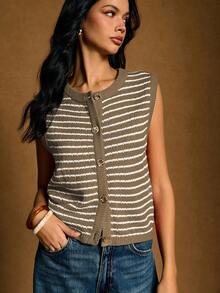 Poéselle 女士休闲通勤条纹纽扣前针织背心秋冬女装 - 卡其色 - 查看 8