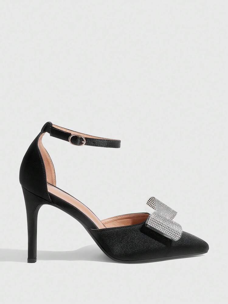 CUCCOO SZL Women's Fashion Black Rhinestone Bow High Heels