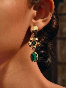 Glisma 18K Gold-Plated Vintage Exaggerated Earrings For Women, Elegant & Fashionable,Party,Night Club,Shopping,Vintage,PREMIUM,Zirconia,Rhinstone,Western Jewelry,Old Money,Gemstone,Outfits,Fall/Autumn/Winter,For Mom/Women/Girl/Mother,Premium - Gold - View 3