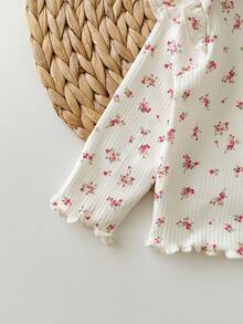 Conjunto de top de manga larga y pantalones de punto con estampado floral lindo y casual para bebé niña recién nacida - Beis - Ver 3