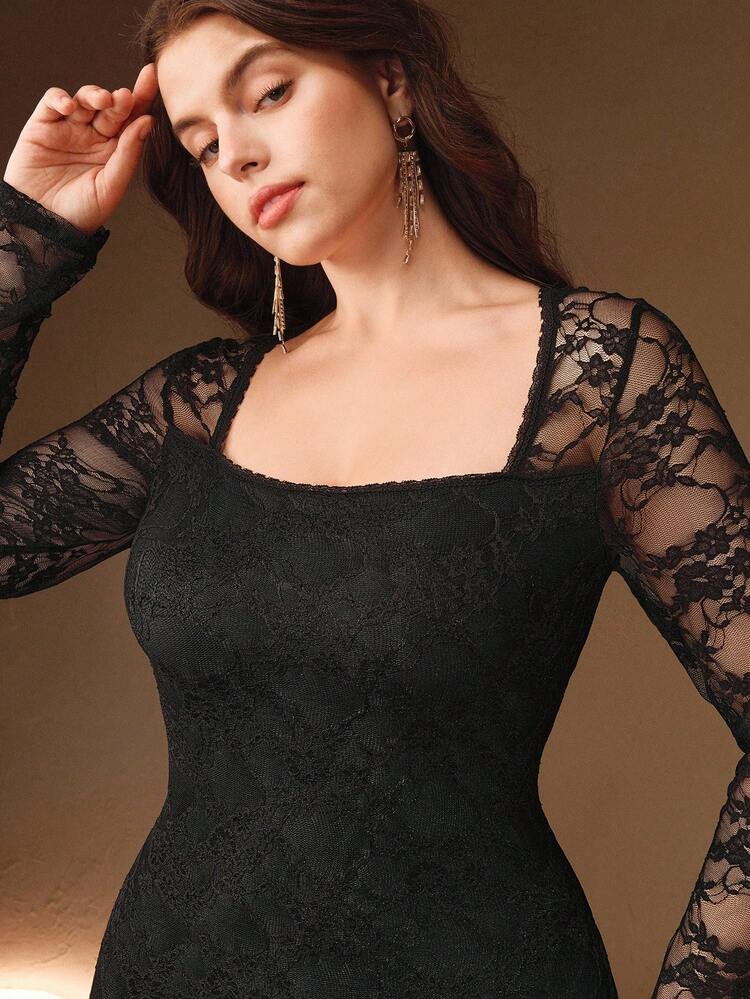 High Quality Plus Size Women's Square Neck Lace Long Sleeve Sexy Bodycon Dress
