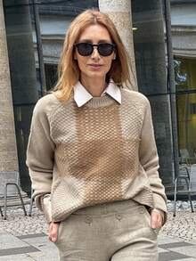 Vivie Lora Women's Plaid Contrast Color Round Neck Loose Fit Long Sleeve Sweater - Khaki - View 1
