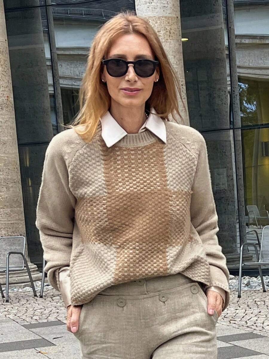 Vivie Lora Women's Plaid Contrast Color Round Neck Loose Fit Long Sleeve Sweater - Khaki - View 1