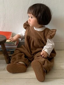 DAZY 婴幼儿女童圆领纯色盖袖连体衣，韩版，秋冬 - 摩卡棕 - 查看 1