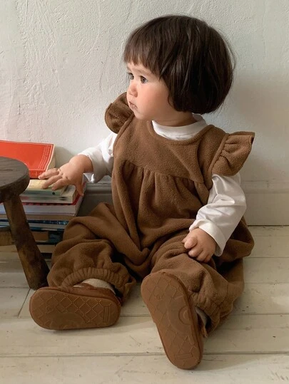 DAZY Infant/Toddler Girls' Round Neck Solid Color Cap Sleeve One-Piece Outfit, Korean Style, Autumn/Winter