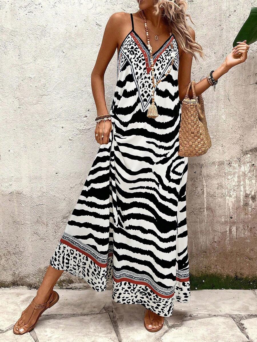 EMERY ROSE Vestido maxi holgado con estampado de leopardo para mujer, elegante para uso diario y vacaciones, verano - Negro - Ver 1
