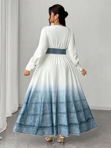 Elenzga 2025 加大码女式优雅派对及日常花卉印花 Y2K 长裙，腰部收紧，褶饰，纽扣装饰，褶皱 - 藍白色 - 查看 2