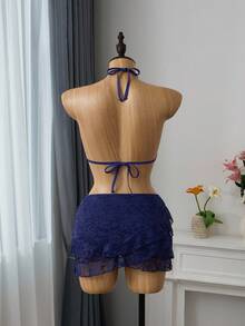 SHEIN Swim 纯色比基尼套装，含罩衫和裙子，适合度假和海滩 - 藏蓝色 - 查看 8
