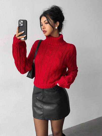 Elenzga Suéter elegante de cuello alto rojo navideño de punto acanalado de manga larga para mujer, otoño/invierno