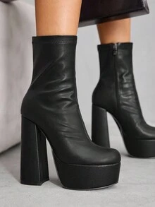 CUCCOO SZL 女士黑色方头粗跟防水厚底弹力简约风派对侧拉链踝靴，适合圣诞节穿着 - 黑色 - 查看 7