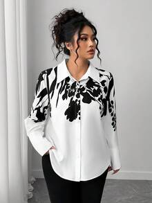 SHEIN Elenzya Blusa feminina plus size, casual, luxuosa, elegante, estampada, estilosa, slim, manga comprida - Preto e Branco - Ver 3