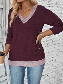 EMERY ROSE New Plus Size Women Fashion Casual Round Neck Button Decor Contrast Color Long Sleeve T-Shirt Fall - Red - View 3