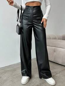 EURMUSE Women's Solid Color Pocket Button Casual Versatile Commuting Wide Leg Pants - Black - View 4