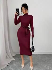 Selianne Váy len thắt nơ cổ lọ ôm sát họa tiết gân thanh lịch dành cho nữ - Đỏ - Xem 3