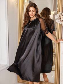 MuseNap CURVE Elegant Mesh & Satin Patchwork Hollow Back Lace Plus Size Nightgown - Black - View 5