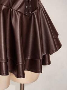 SHEIN ICON Gaun Mini Halter Kulit PU dengan Tali Silang Belakang Terbuka untuk Wanita Ukuran Plus, Gaya Goth Musim Gugur Cokelat untuk Pesta Malam di Klub, Y2k Gyaru, Konser, Pesta Festival, Rave - Coklat - View 7