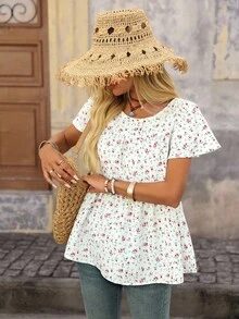 Brillora 休闲简约宽松短款女式衬衫适合夏季女式衬衫夏季女士外出上衣女式可爱衬衫飘逸上衣女式夏季可爱夏季衬衫可爱碎花衬衫 - 白色 - 查看 7