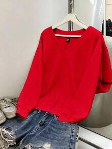SHEIN EZwear Plus Size Women Casual Solid Color V-Neck Plus Size Loose Sweatshirt, Suitable For Halloween And Christmas In Fall/Winter - Red - View 3
