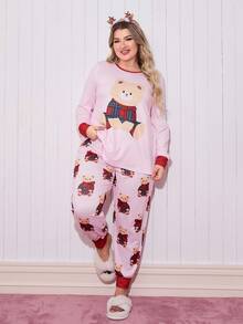 SweetSlumber 可爱休闲舒适圣诞格子熊印花粉色红边大码睡衣套装 泰迪熊睡衣套装 可爱女士睡衣套装 舒适睡衣套装 圣诞睡衣 卡哇伊 舒适套装 秋冬服装 - 粉色 - 查看 6